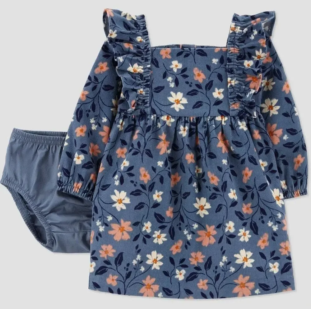 Carter’s blue corduroy floral ruffle dress with bloomers white pink print